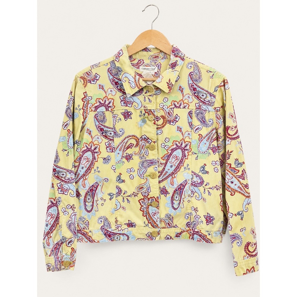 Vintage Y2K Coldwater Creek Paisley Jacket Butter Yellow Cotton Boho Women Large